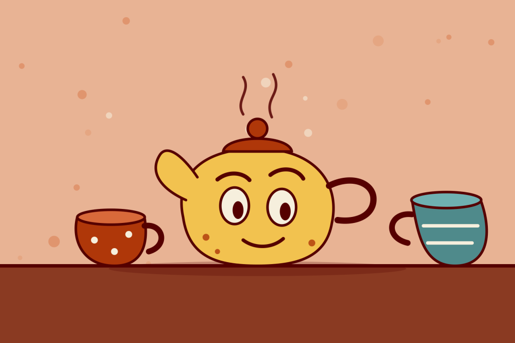Um bule amarelo bem-disposto com uma sobrancelha levantada entre duas chávenas tortas