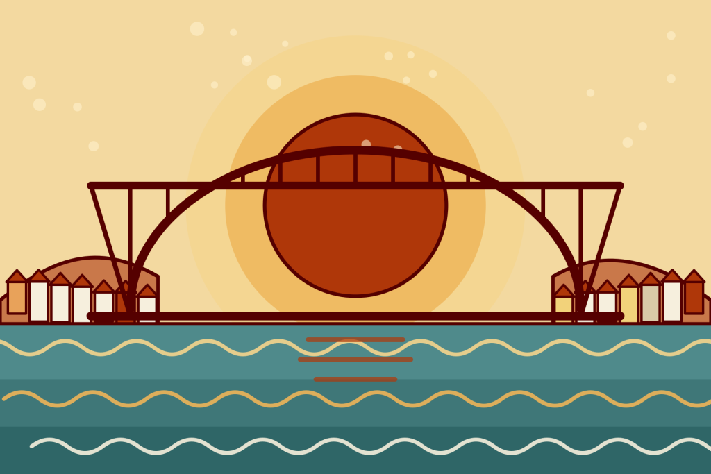 Ilustração de uma ponte sobre o Douro ao pôr do sol