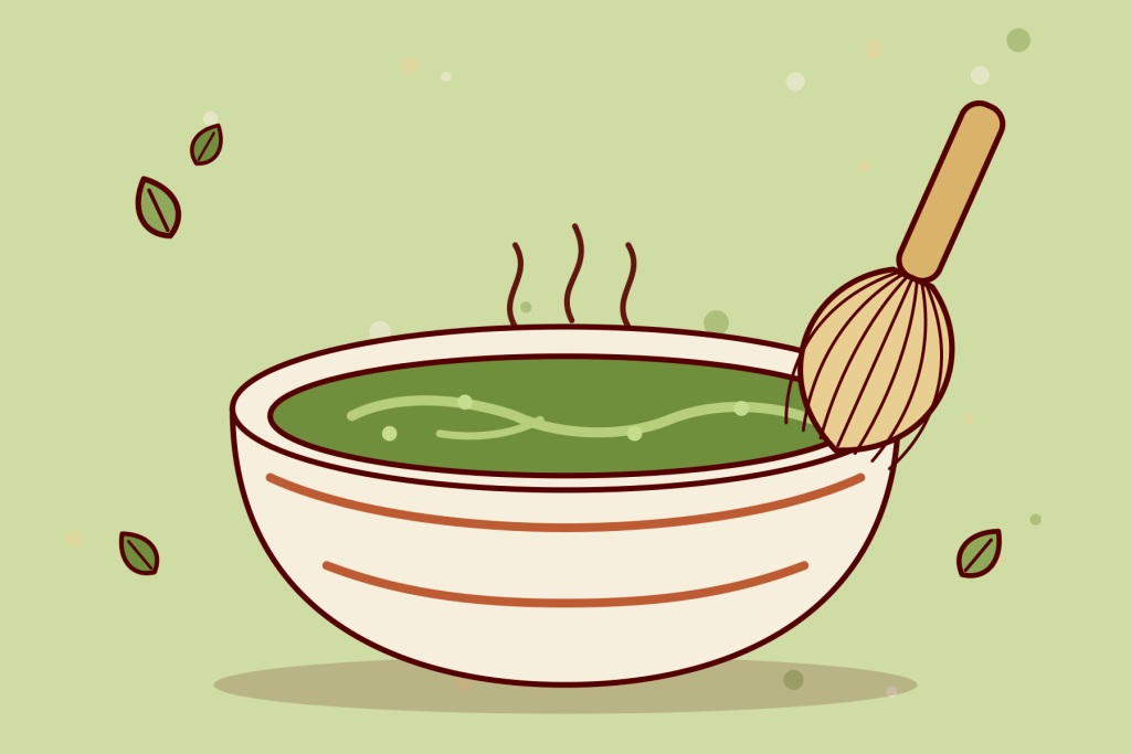 Uma tigela de matcha verde vivo com um batedor de bambu pousado na borda